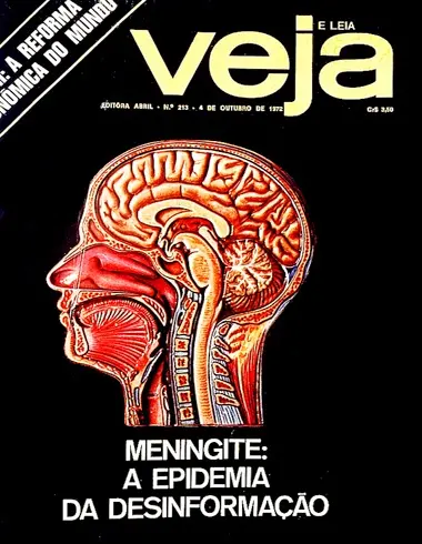 Cérebro humano destacando meninges em revista "VEJA".