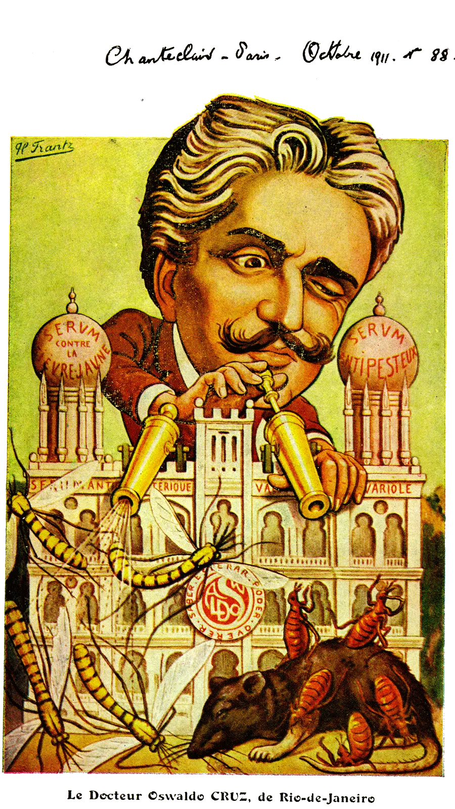 Ilustração colorida de um homem atrás de um balcão com produtos médicos e insetos.