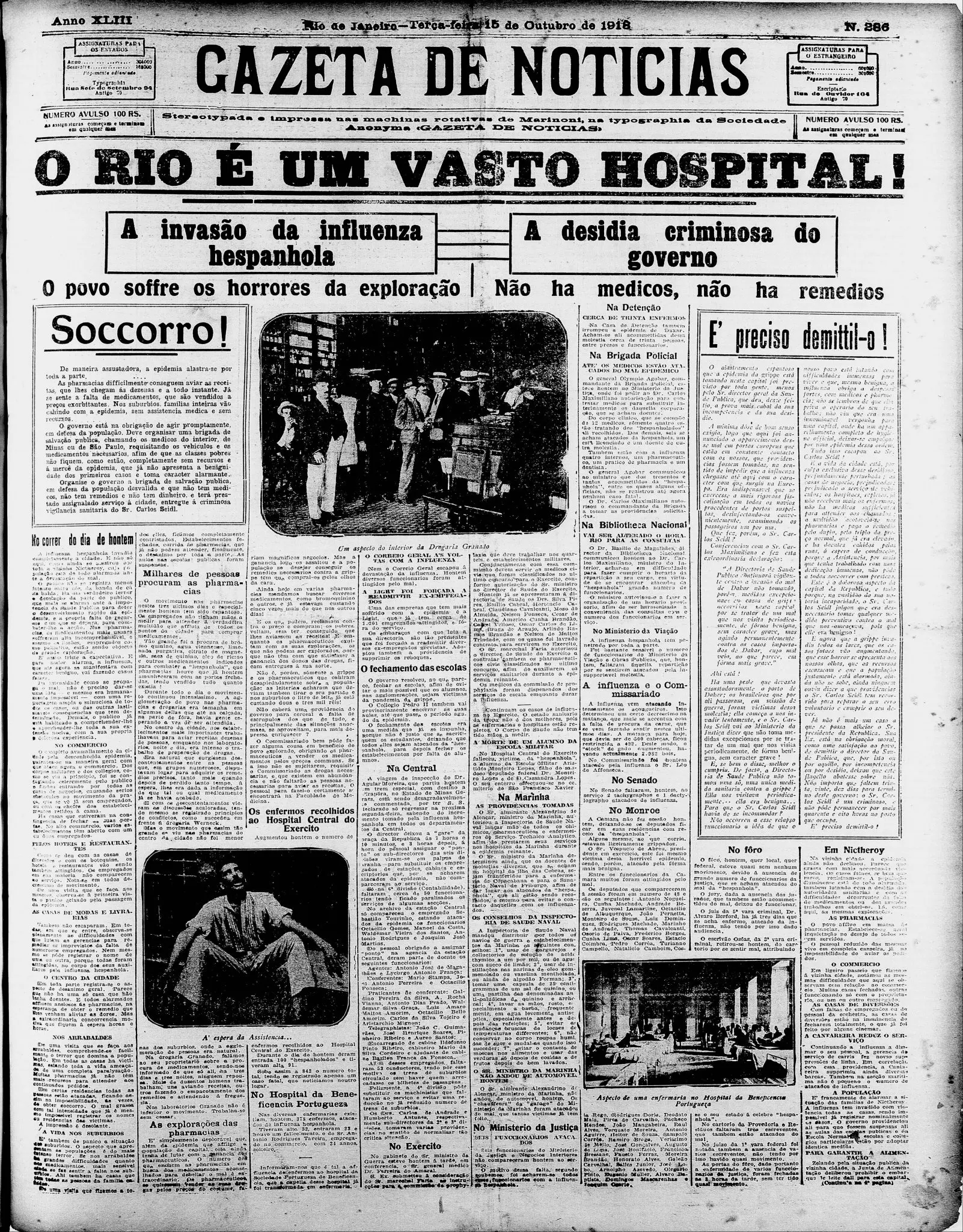 Página de jornal preto e branco sobre a gripe espanhola de 1918.