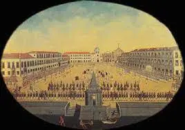 Pintura ovalada de praça histórica com multidão em cerimônia.