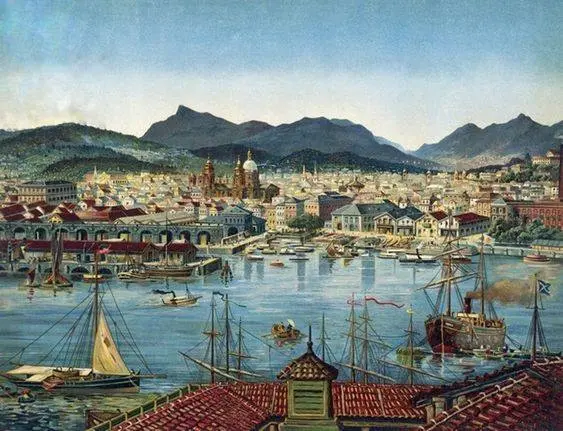 Pintura de cidade barroca com edifícios, rio, embarcações e montanhas.