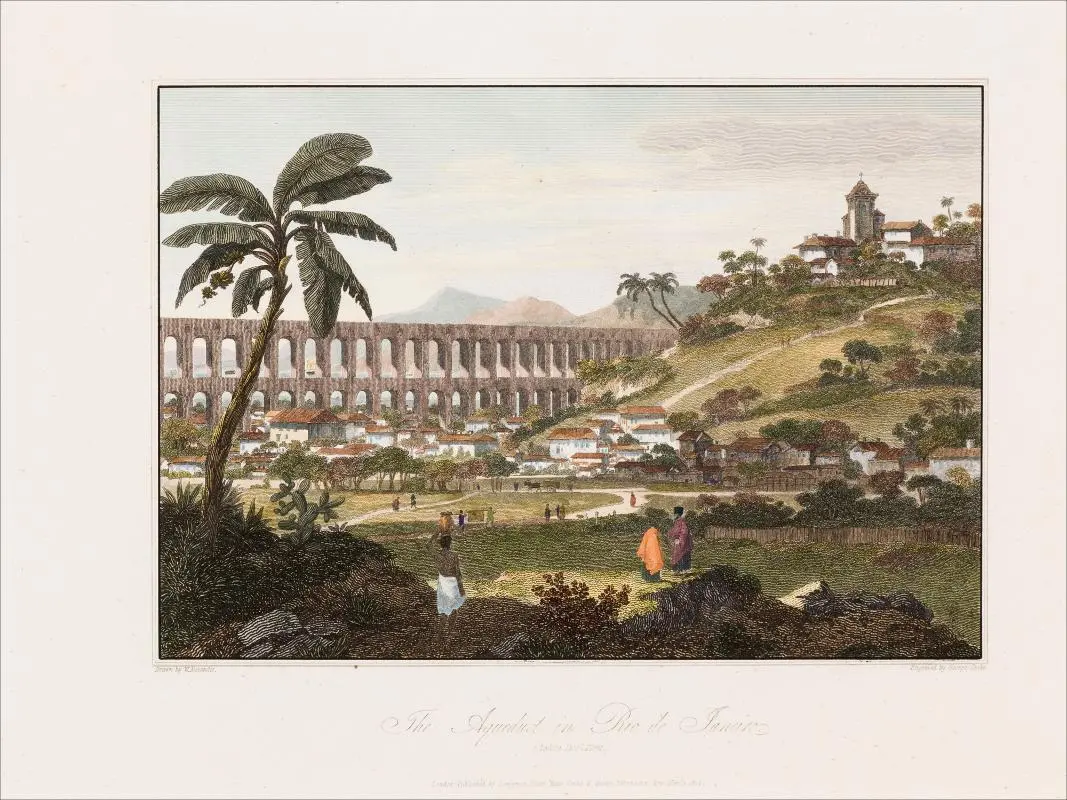Gravura colorida de paisagem urbana com árvore, aqueduto e pessoas caminhando.