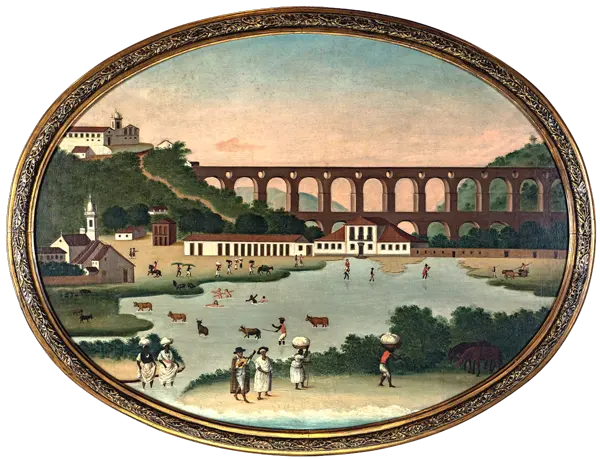 Paisagem histórica com casas, igreja, aqueduto e pessoas ao redor.