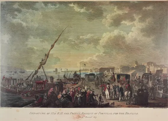 Gravura histórica de partida com navio, multidão e inscrição sobre o Príncipe Regente de Portugal.