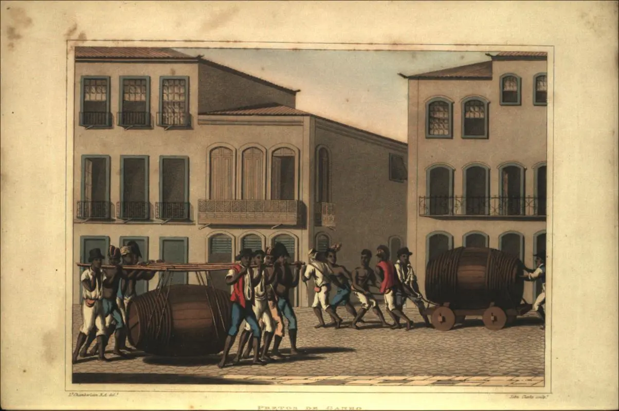 Gravura histórica de Nova Lisboa, com pessoas transportando barris de madeira.