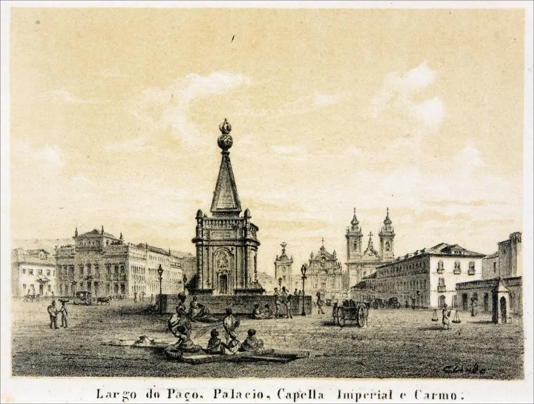 Gravura em preto e branco de um largo com construções históricas.