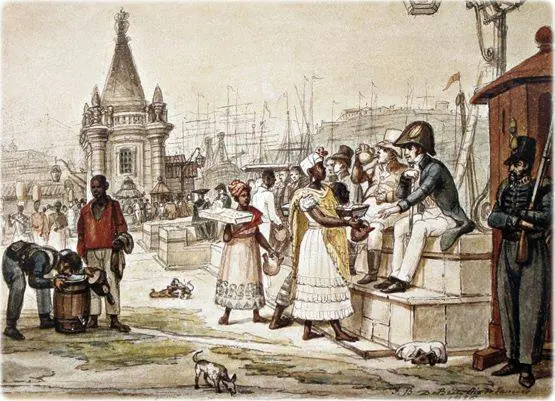 Ilustração colorida de um porto histórico com torre, pessoas interagindo e navios atracados.