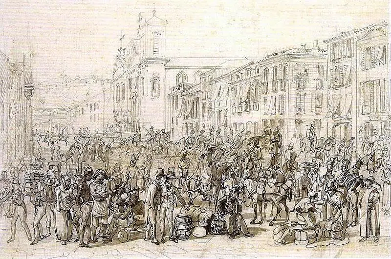 Gravura em preto e branco de uma praça histórica com multidão, atividades comerciais e casas antigas.