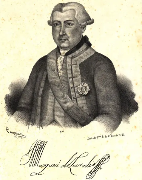 Retrato de homem do século XVIII em trajes formais, com medalha e assinatura.