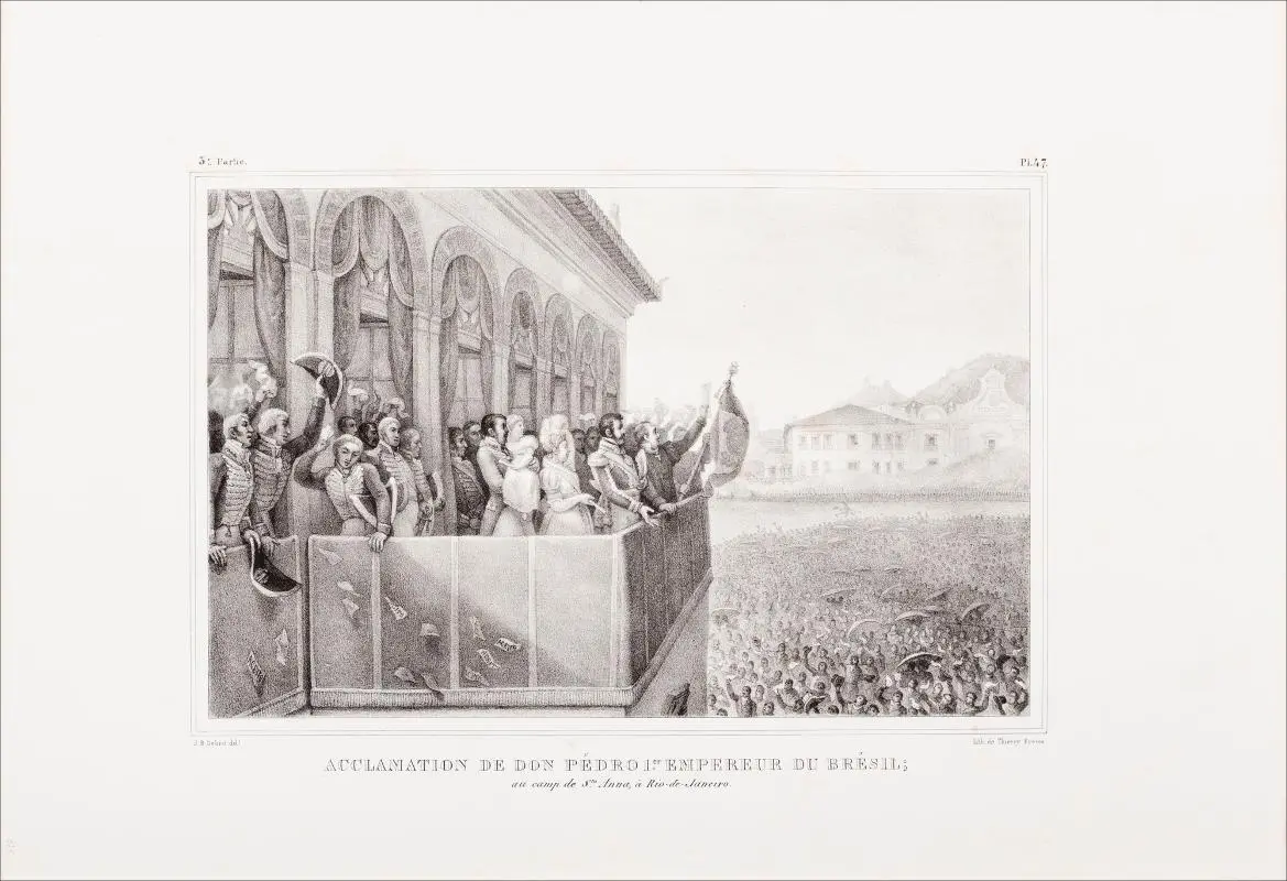 Gravura em preto e branco de uma multidão celebrando Pedro I como imperador do Brasil.
