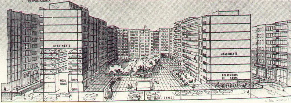 Ilustração urbana com edifícios e áreas comerciais.