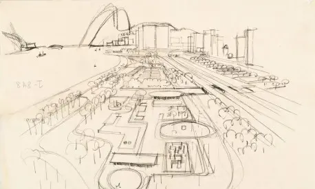 Projeto arquitetônico urbano em preto e branco.