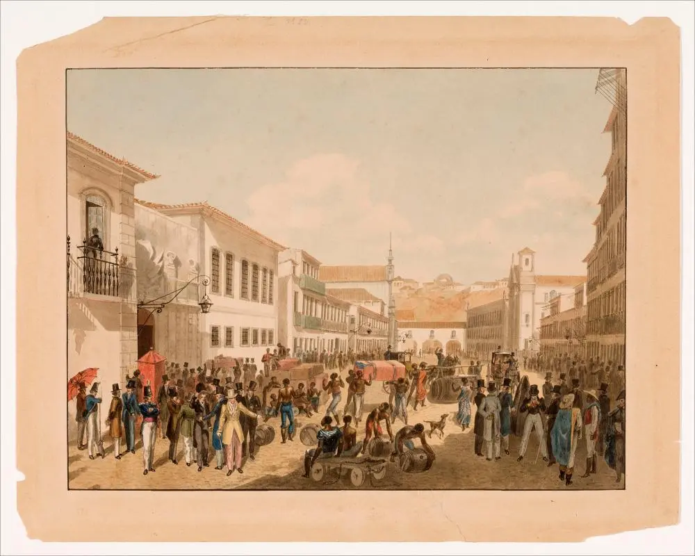 Cena urbana animada com pessoas caminhando e interagindo.