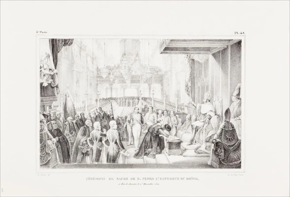 Gravura histórica em preto e branco de cerimônia formal em salão grandioso.