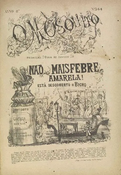 Gravura antiga sobre epidemia de febre amarela, com abelha e cena de pessoas doentes.