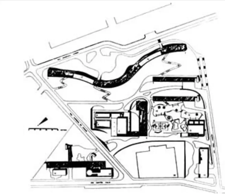 Desenho residencial com túnel, edifício central e espaço verde.