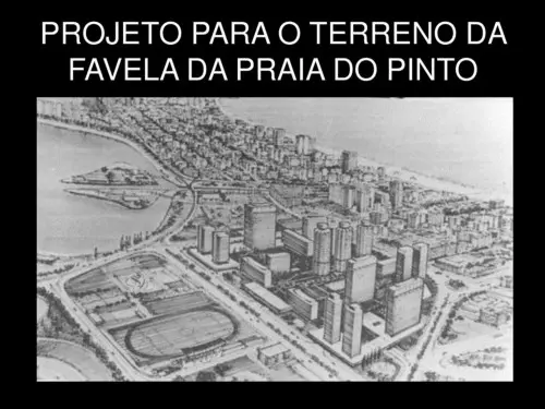 Projeto urbanístico de favela da Praia do Pinto, com áreas verdes, estradas, edifícios e um estádio.