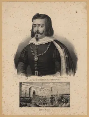 Retrato de homem renascentista com fortaleza ao fundo.