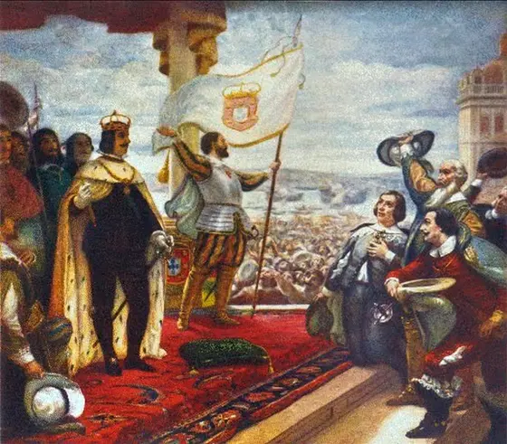Pintura histórica de cerimônia com rei e soldados.