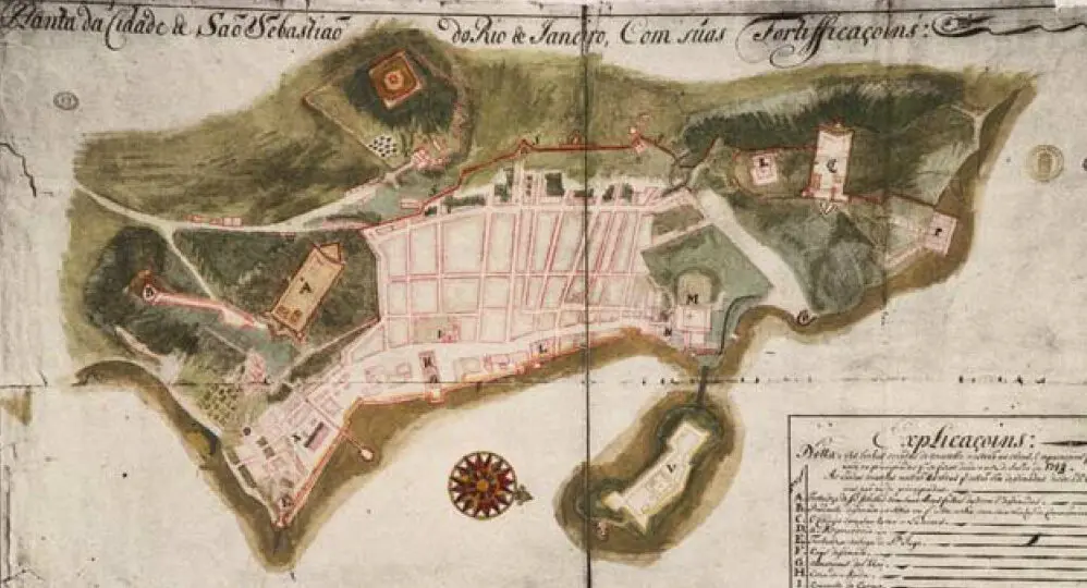 Planta histórica de São Sebastião do Rio de Janeiro em 1713, mostrando disposição espacial e fortificações.