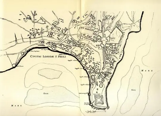 Gravura antiga de cidade costeira com rio, ruas e mar.