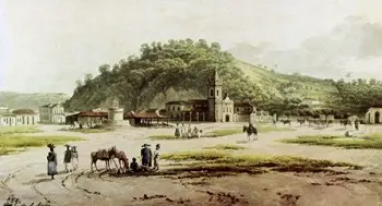 Pintura urbana do sertão com pessoas, animais de carga, estrada e igreja.