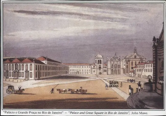 Gravura em preto e branco de palácio e grande praça no Rio de Janeiro.