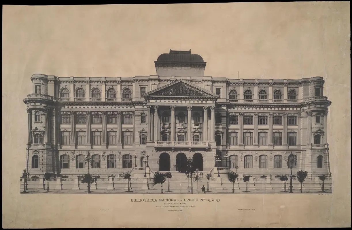 Gravura em preto e branco de edifício monumental com pórtico e frontispício clássico.
