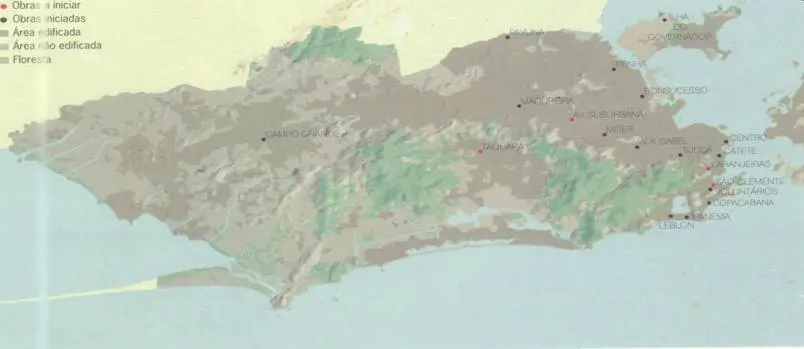 Mapa colorido de área urbana com faixa de água e ilha marcadas.