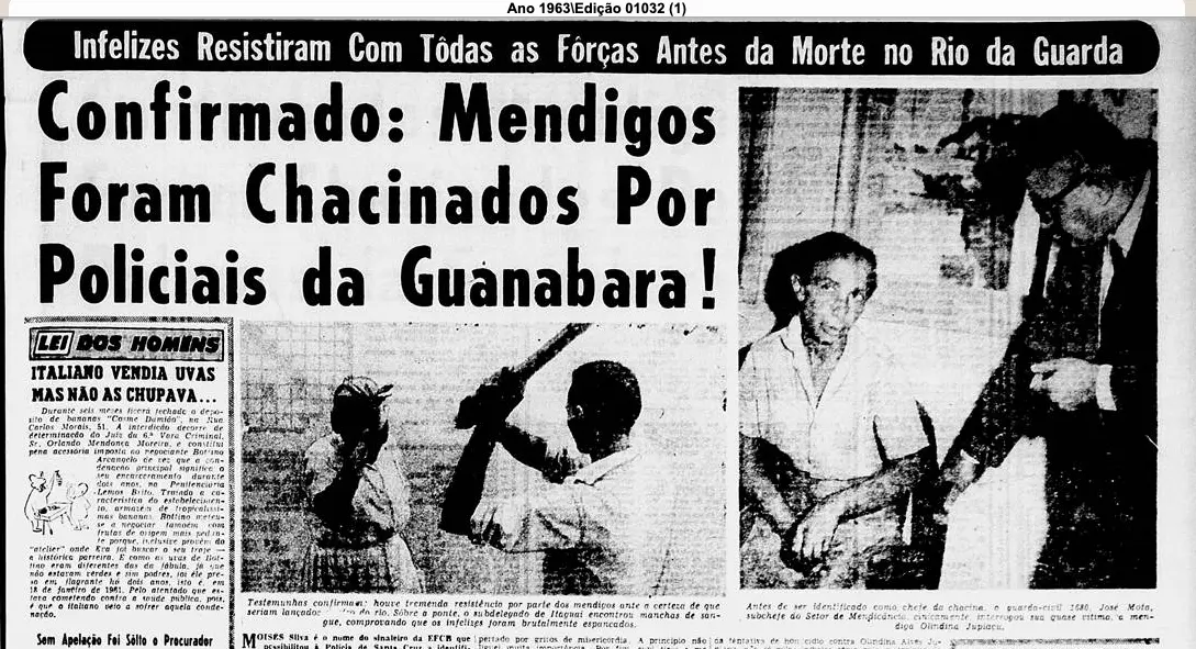 Jornal antigo em preto e branco com notícia sobre morte de mendigos por policiais.