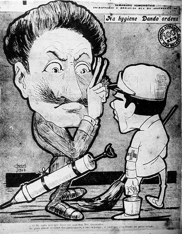 Charge em preto e branco mostrando figuras militares e higiene.
