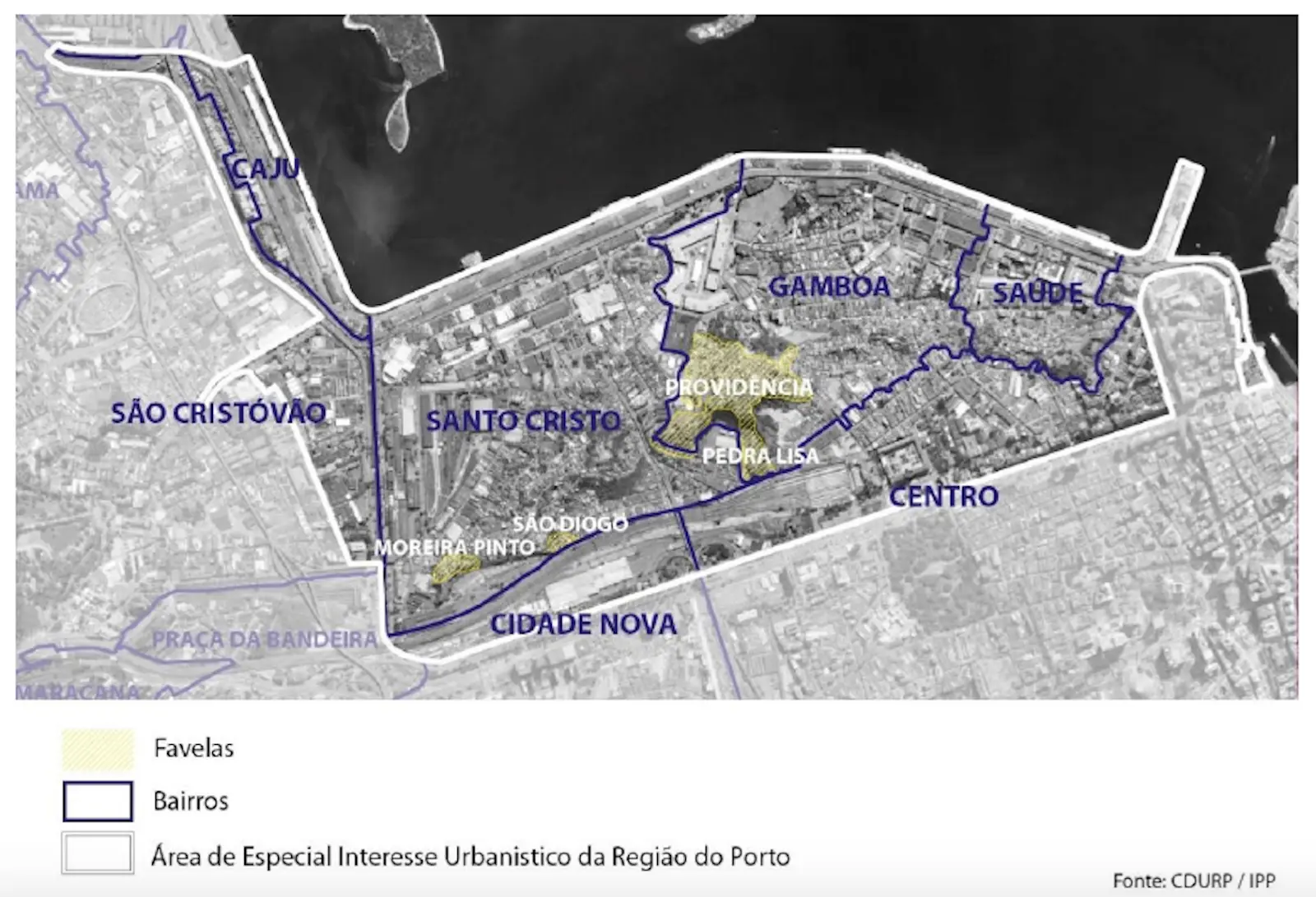 Imagem urbana em preto e branco, focando São Cristóvão e bairros ao redor.