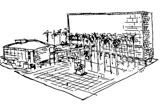 Ilustração em preto e branco de um complexo arquitetônico urbano.