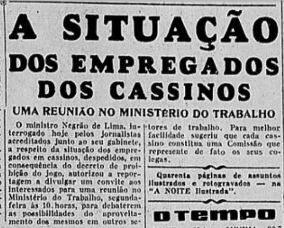 Jornal antigo em preto e branco sobre demissões de funcionários de cassinos.