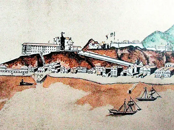 Pintura de Porto do Rio de Janeiro, 1775, com cidade costeira e navios.