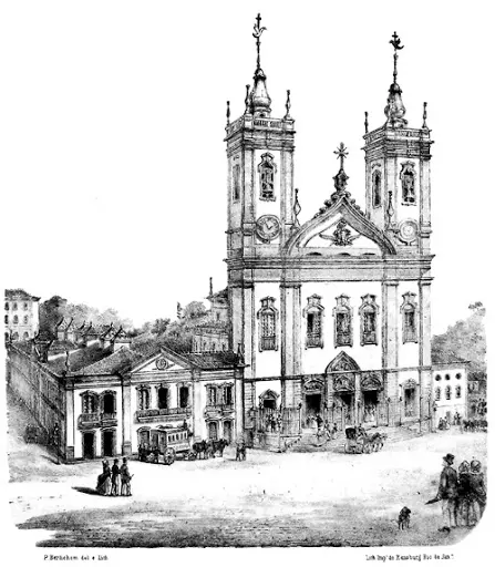 Gravura histórica de igreja com torres e edifícios circundantes.