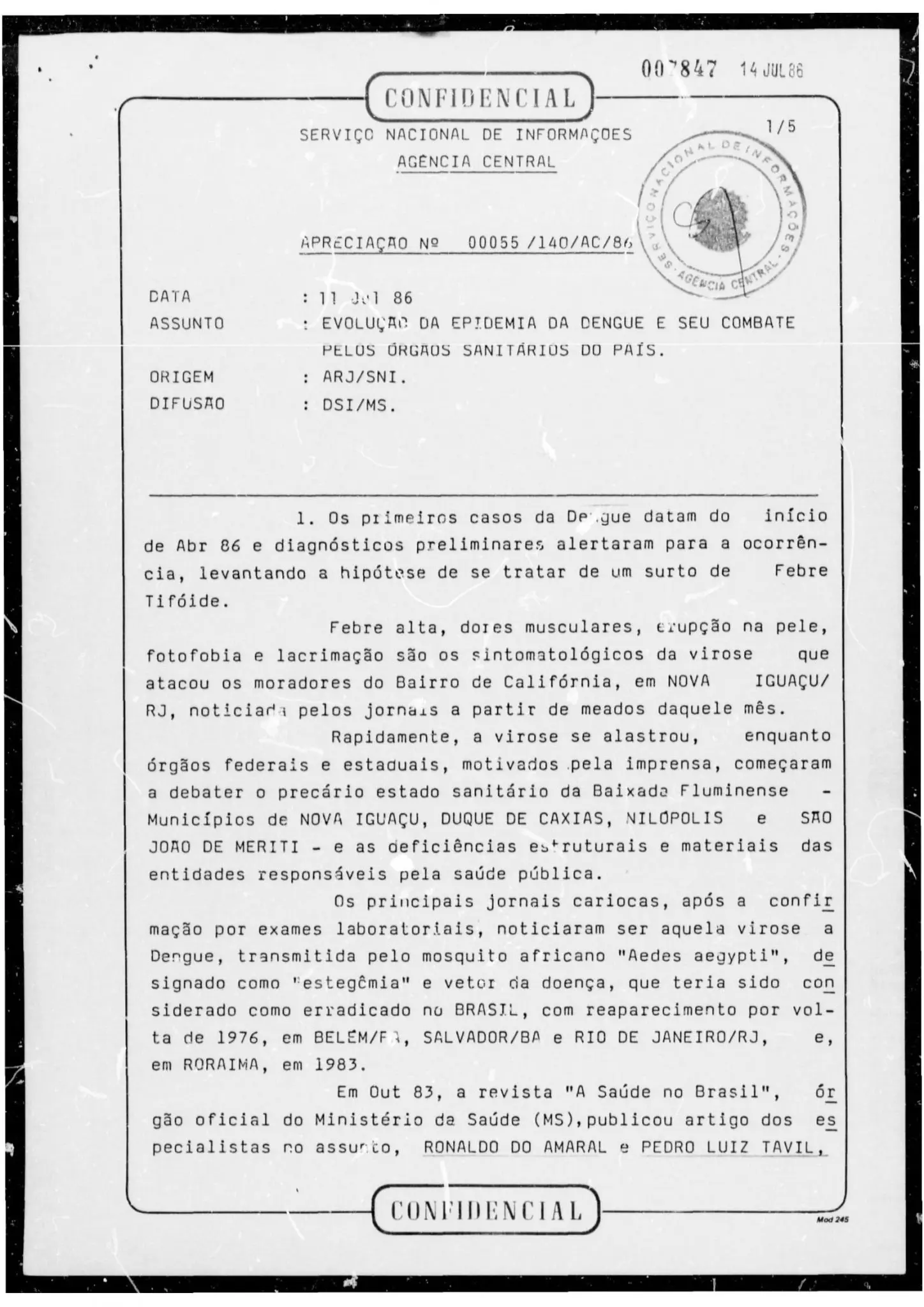 Documento confidencial sobre evolução da dengue em 1986.