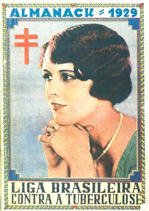 Mulher com cabelos curtos e traje verde, fundo azul claro, cruz vermelha e texto sobre tuberculose.