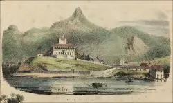 Gravura de paisagem montanhosa com barcos, igreja e casas em preto e branco.