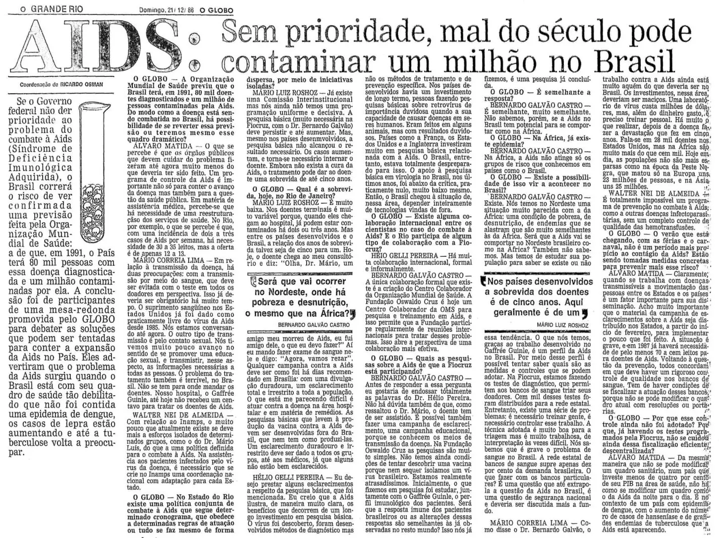 Jornal em preto e branco de 1986 sobre AIDS no Brasil.