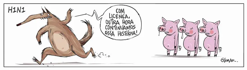 Charge em preto e branco mostrando um cão-porco correndo e três porcos parados, com H1N1 acima.