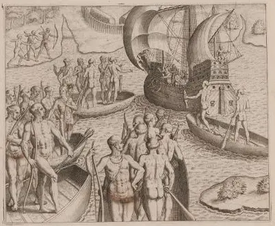 Gravura em preto e branco mostrando pessoas em canoas e navios, com figura humana em rocha ao fundo.