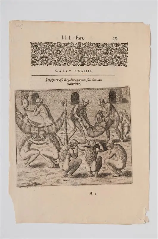 Gravura em preto e branco com figuras humanas e animais, texto latino e ilustração de pessoas em atividades variadas.