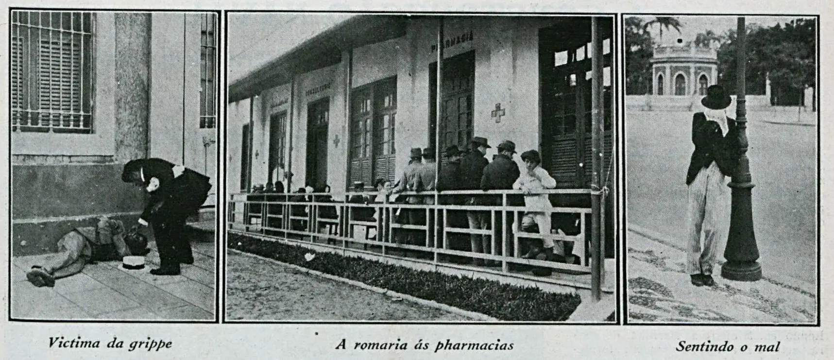 Tridivisória preto e branco retrata ruas da Gripe Espanhola de 1918-1919.