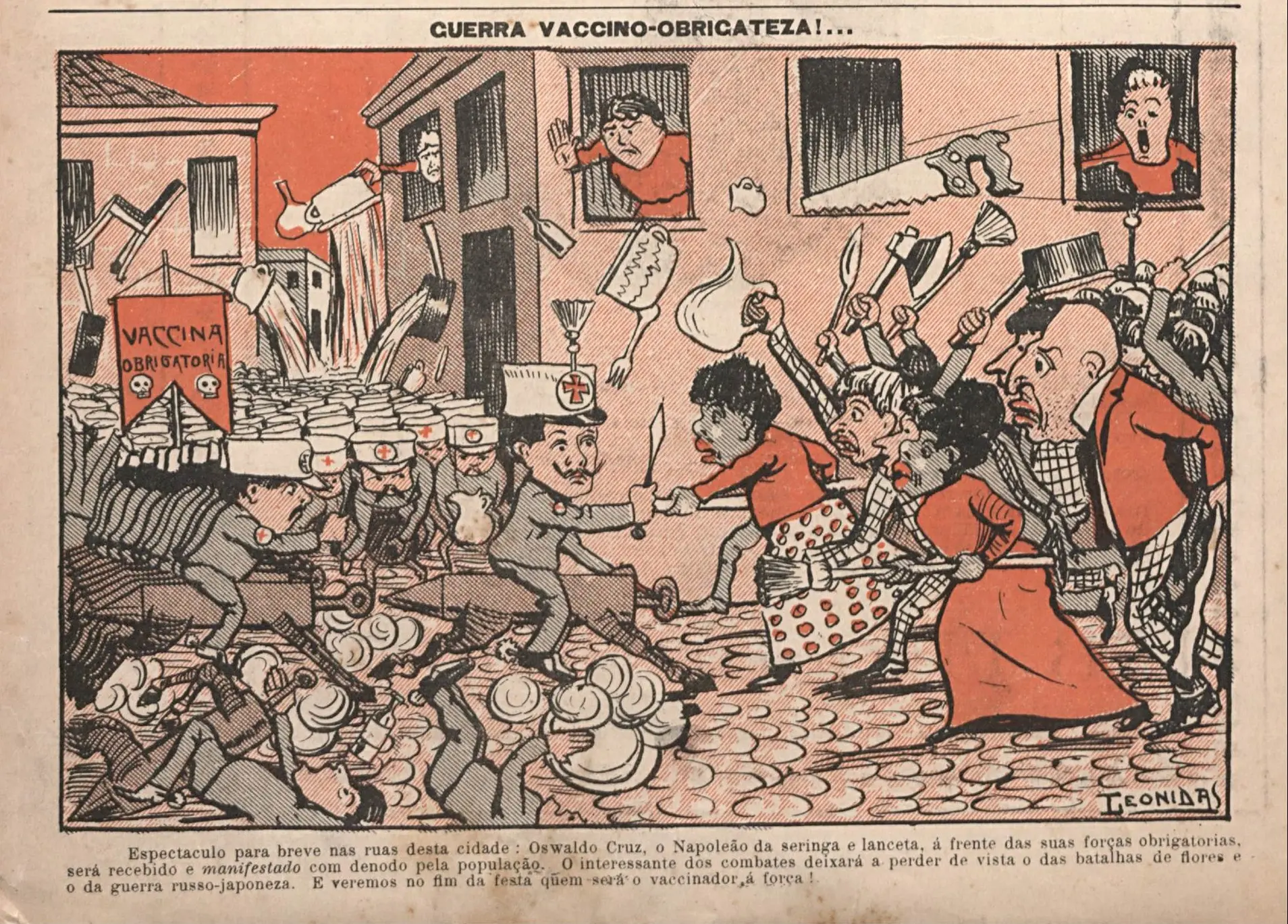 Charge em preto e branco de protesto contra vacinação obrigatória.