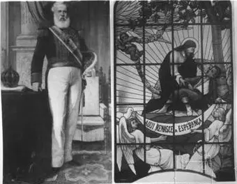 Pintura dividida em duas partes: figura militar à esquerda e vitral religioso à direita.