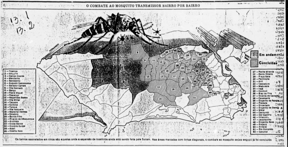 Mapa mostra evolução do combate à dengue em bairros.