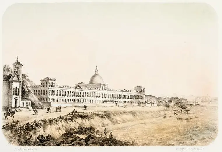 Gravura preto e branco de 1856 mostrando o Hospital da Santa Casa da Misericórdia.