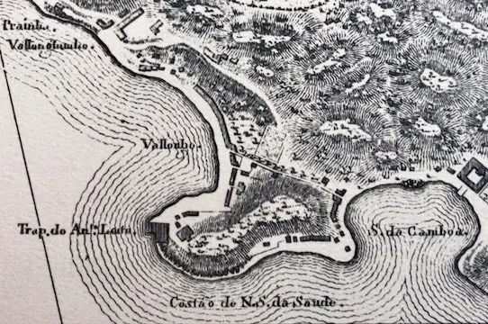 Gravura histórica em preto e branco mostrando uma costa do século XIX.