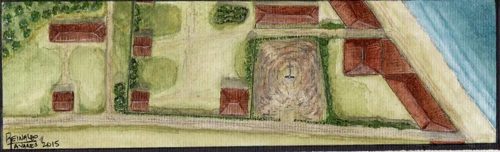 Cemitério aquarelado com casas e áreas verdes.